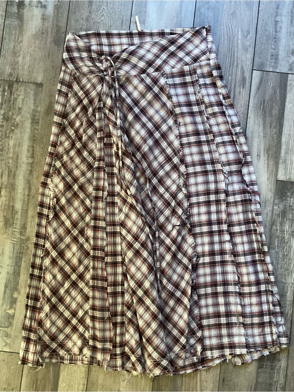 Free People Burgundy and Cream Plaid Wrap Maxi Skirt